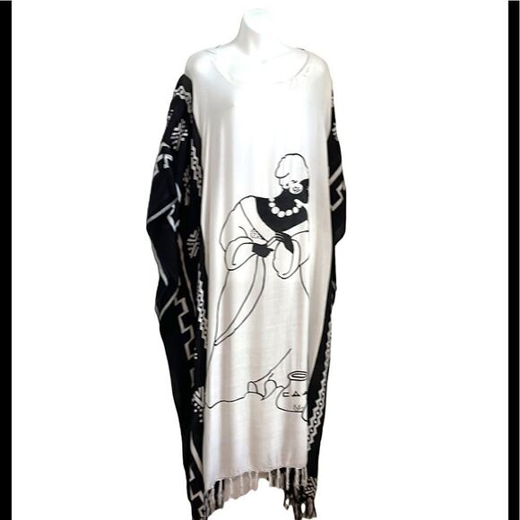 Vintage Y2K Lady Scoop Neck Tassel Kaftan MuMu Beach Cover Up 1X Black White - Picture 15 of 16